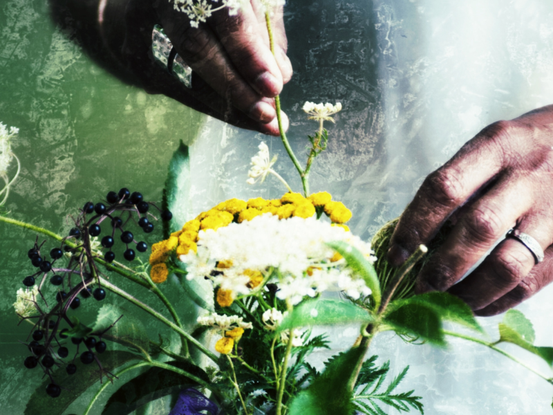 Close-up photo of an individual’s hands arranging various wildflowers.