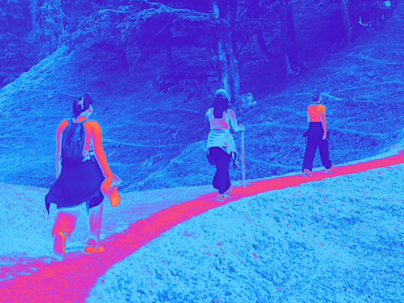 three people walk along a path