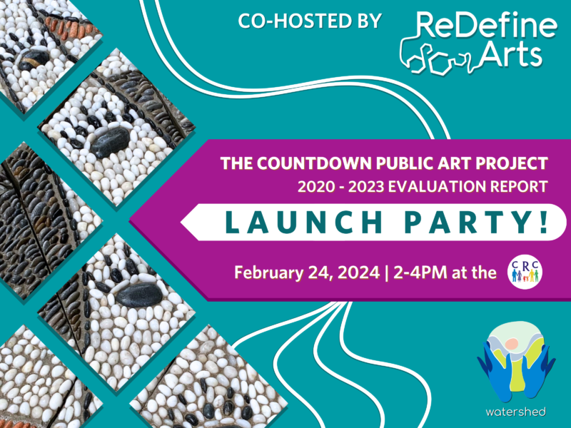 promotional poster heading reads "The Countdown Public Art Project 2020-2023 Evaluation Report Launch Party" with key event details and producer logos. Poster features multiple square snapshots of a pebble mosaic depicting bear paws.