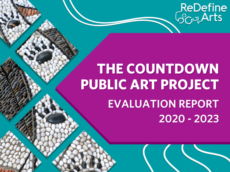 promotional poster features square cutouts of a pebble mosaic depicting bear paws with text that reads, "The Countdown Public Art Project Evaluation Report 2020-2023," and includes producer logo.