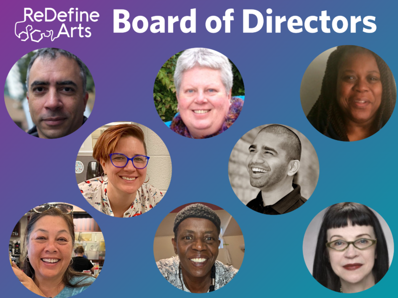 A photo collage of headshots including the ReDefine Arts logo. Text reads, “Board of Directors”.