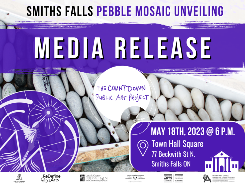 promotional image for Countdown Smiths Falls Media Release. Image features info as noted above, and a close-up photo of an in-progress pebble mosaic.