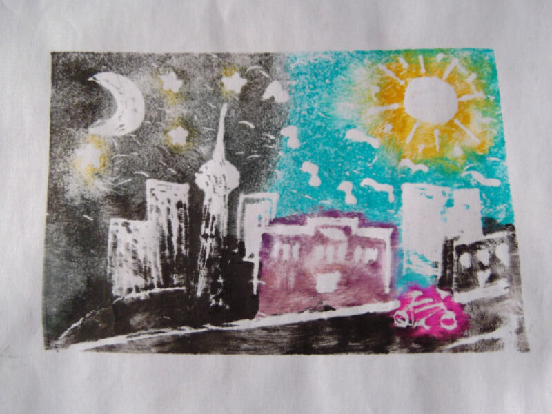 Print depicting a cityscape split down the middle to represent day and night.
