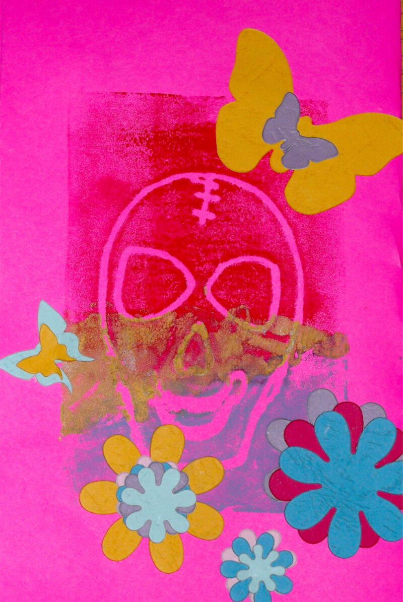 Hot pink print depicting a skull, and colourful butterflies and flowers.