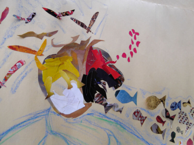 Collage featuring cut up pieces of paper depicting fish and birds.