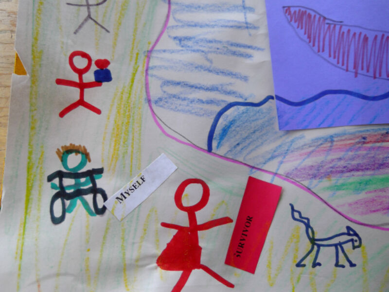 Collage featuring stick figure drawings and small pieces of paper with texts that read, “myself” and “survivor”.
