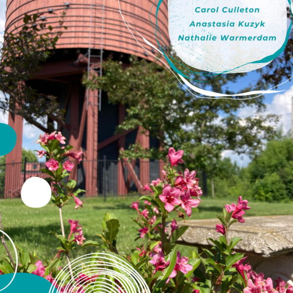 Photograph of Water Tower Park in Barry’s Bay, Ontario. Image includes blooming flowers in the foreground and a water tower in the background. Colourful circles and spirals overlay the photography and text reads, “We remember Carol Culleton, Anastasia Kuzyk, Nathalie Warmerdam”.