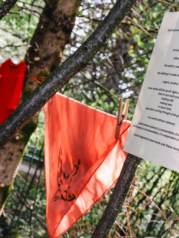 Close-up of items suspended on twine and clothespins between the trees; a page of printed poetry, red flags with hand printed bird decals and a red dress.