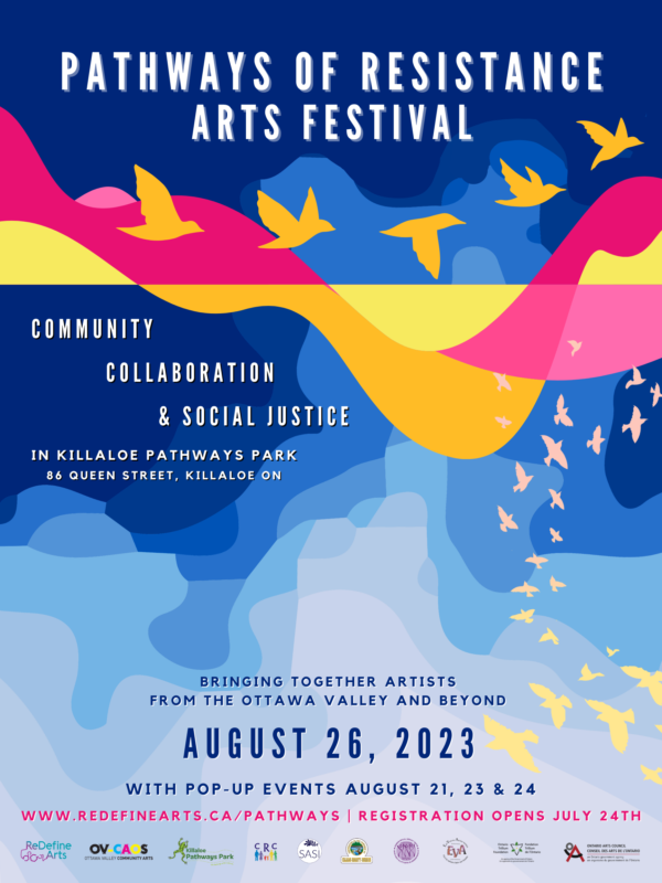 promotional poster for the Pathways of Resistance Arts Festival featuring hills, valleys, and a flock of birds, with event date, location, and info as noted above.