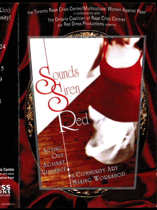 Pamphlet for Sounds Siren Red theatre performances and art making workshops, featuring an image of a woman in a red dress.