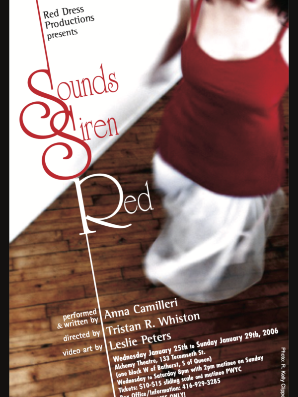 Promotional postcard for theatrical production, featuring an image of a woman in a red dress.