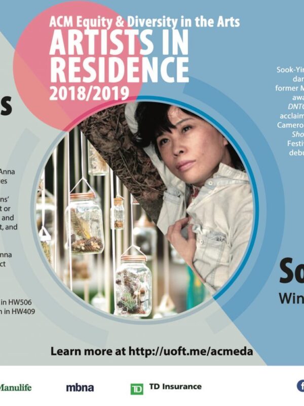 Promotional poster announcing an arts residency with text that reads, “ACM Equity & Diversity in the Arts. Artists in Residence. 2018/2019.”